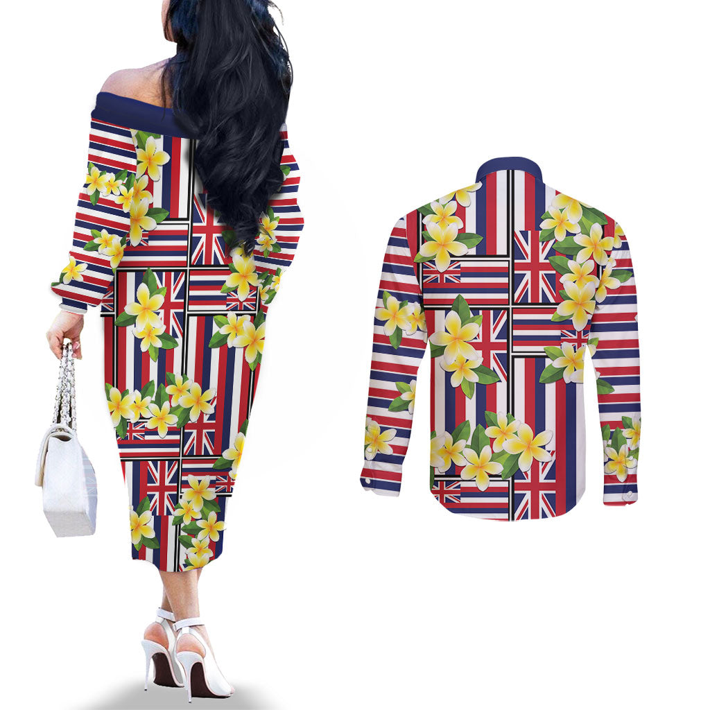 Hawaii Plumeria Lei Couples Matching Off The Shoulder Long Sleeve Dress and Long Sleeve Button Shirt Hawaiian Flag Motif LT9 - Polynesian Pride