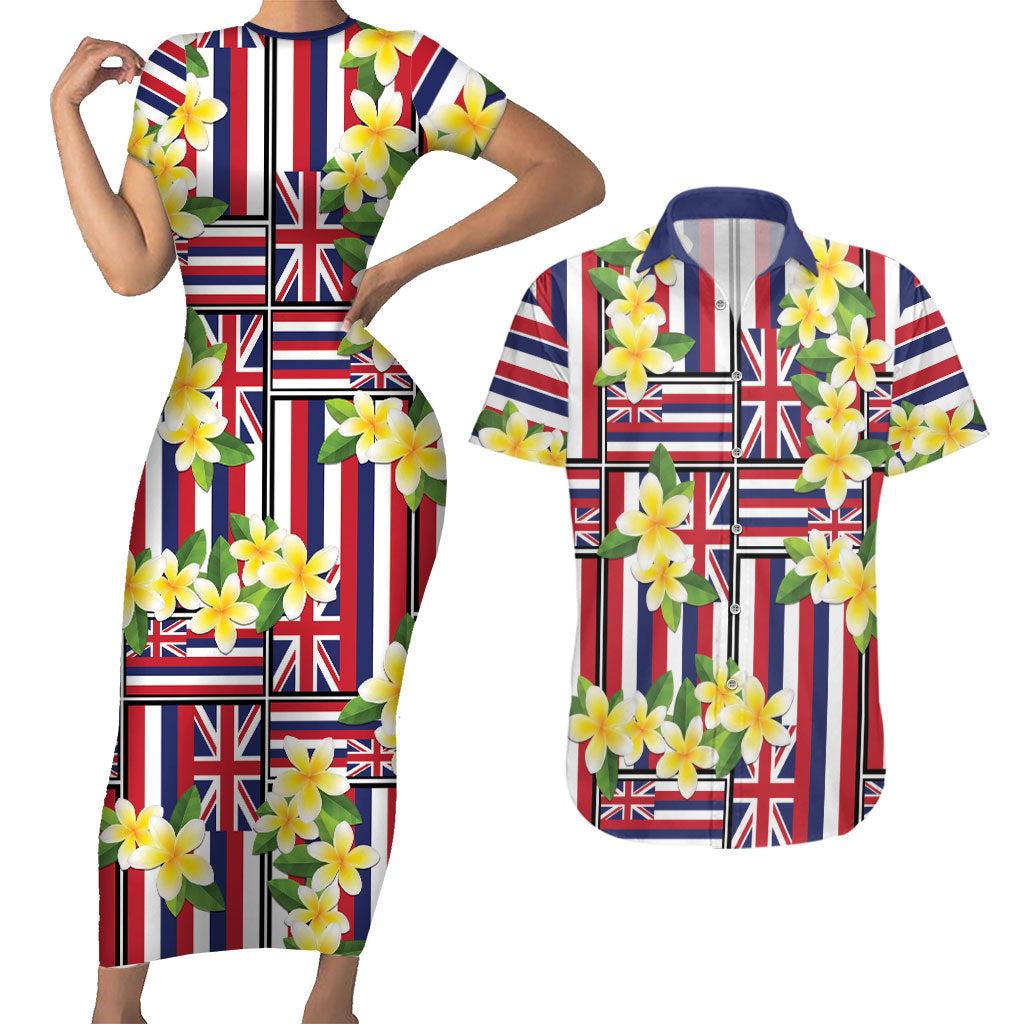 Hawaii Plumeria Lei Couples Matching Short Sleeve Bodycon Dress and Hawaiian Shirt Hawaiian Flag Motif LT9 Red - Polynesian Pride