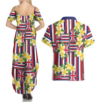 Hawaii Plumeria Lei Couples Matching Summer Maxi Dress and Hawaiian Shirt Hawaiian Flag Motif