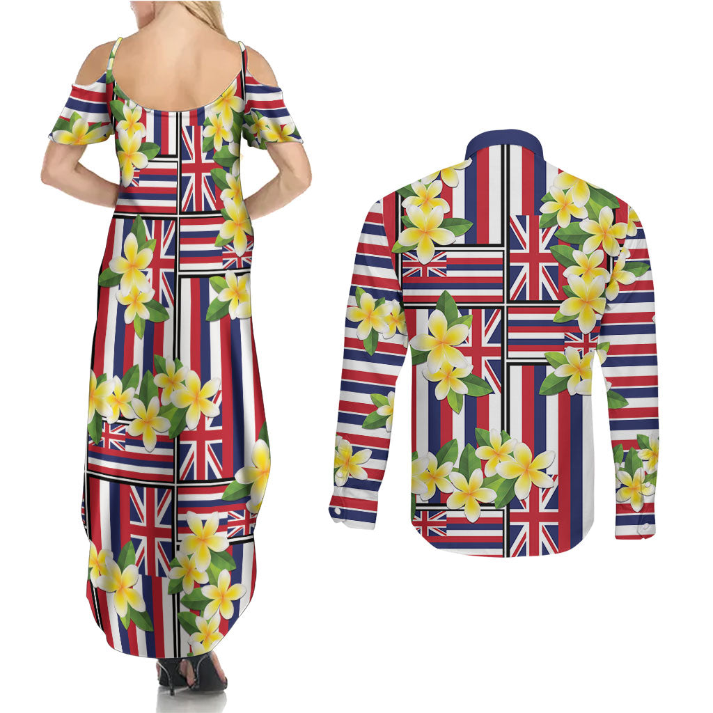Hawaii Plumeria Lei Couples Matching Summer Maxi Dress and Long Sleeve Button Shirt Hawaiian Flag Motif