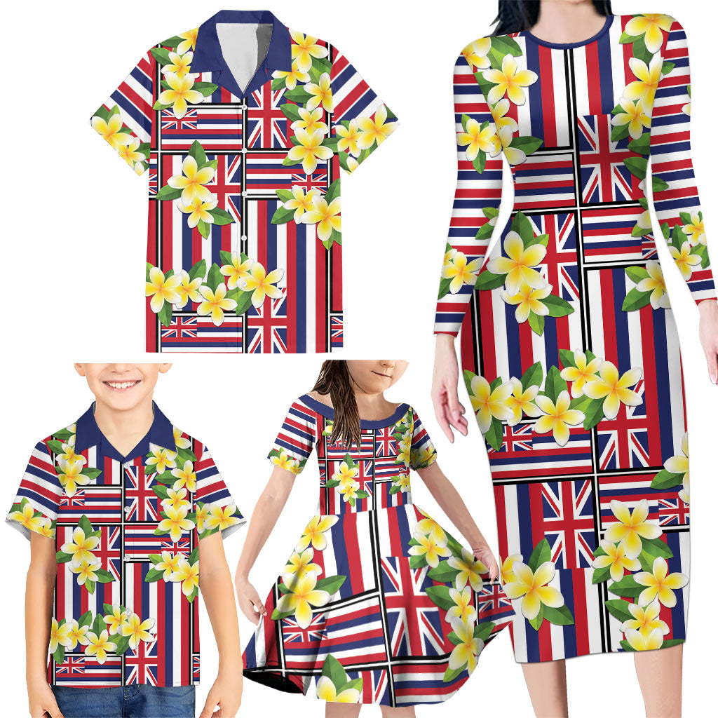 Hawaii Plumeria Lei Family Matching Long Sleeve Bodycon Dress and Hawaiian Shirt Hawaiian Flag Motif LT9 - Polynesian Pride