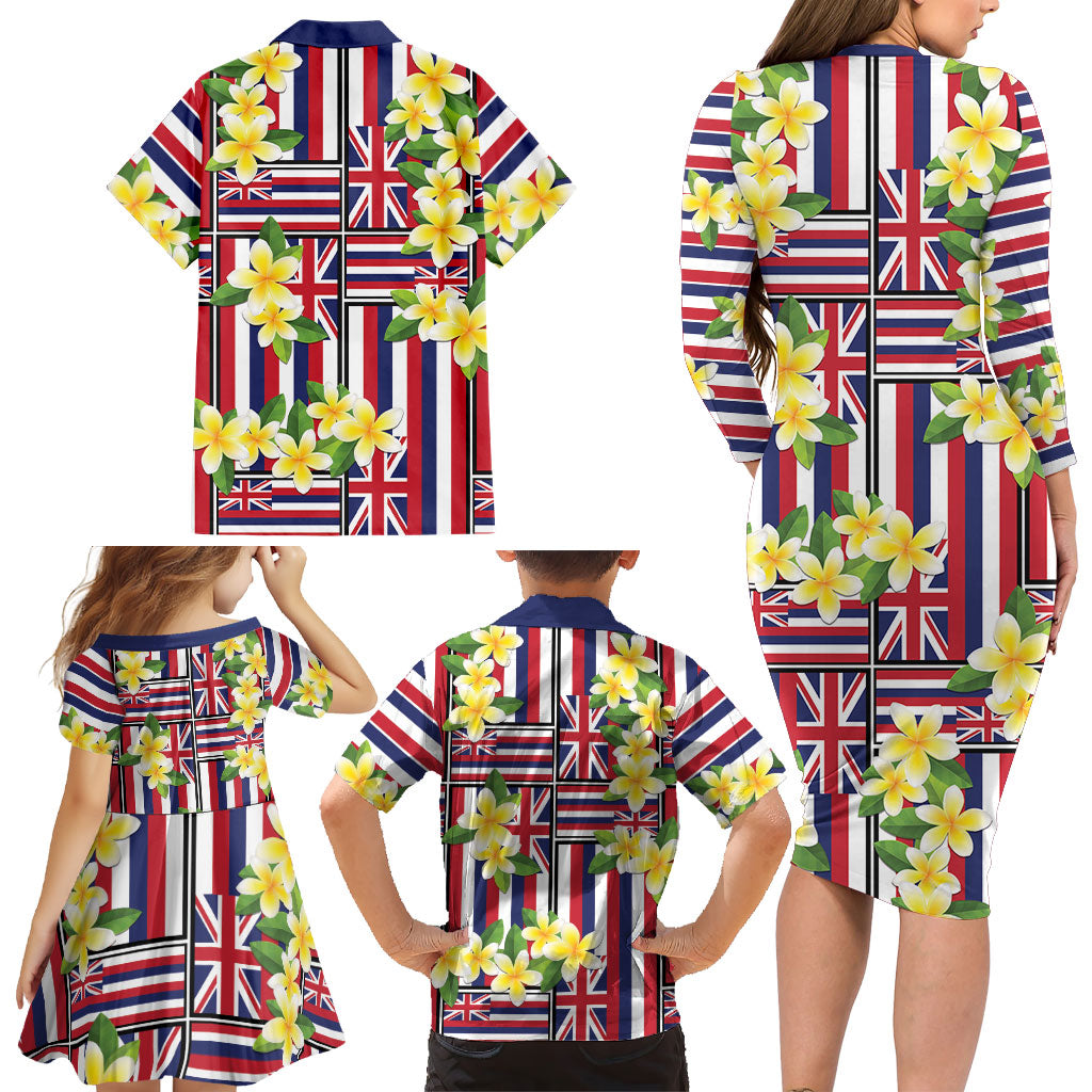Hawaii Plumeria Lei Family Matching Long Sleeve Bodycon Dress and Hawaiian Shirt Hawaiian Flag Motif LT9 - Polynesian Pride
