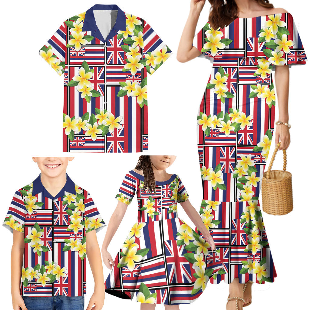 Hawaii Plumeria Lei Family Matching Mermaid Dress and Hawaiian Shirt Hawaiian Flag Motif LT9 - Polynesian Pride