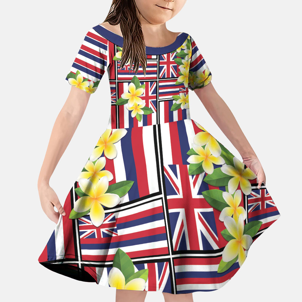 Hawaii Plumeria Lei Family Matching Off The Shoulder Long Sleeve Dress and Hawaiian Shirt Hawaiian Flag Motif LT9 Daughter's Dress Red - Polynesian Pride