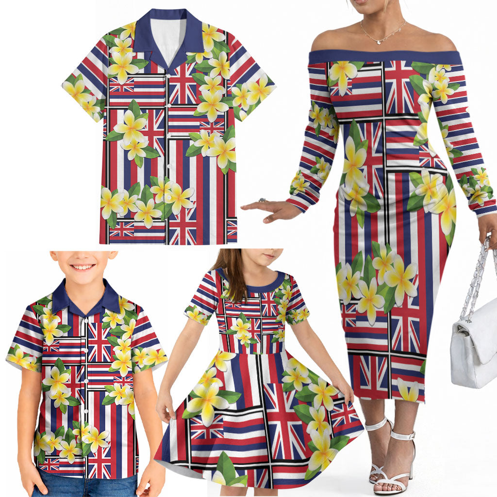 Hawaii Plumeria Lei Family Matching Off The Shoulder Long Sleeve Dress and Hawaiian Shirt Hawaiian Flag Motif LT9 - Polynesian Pride