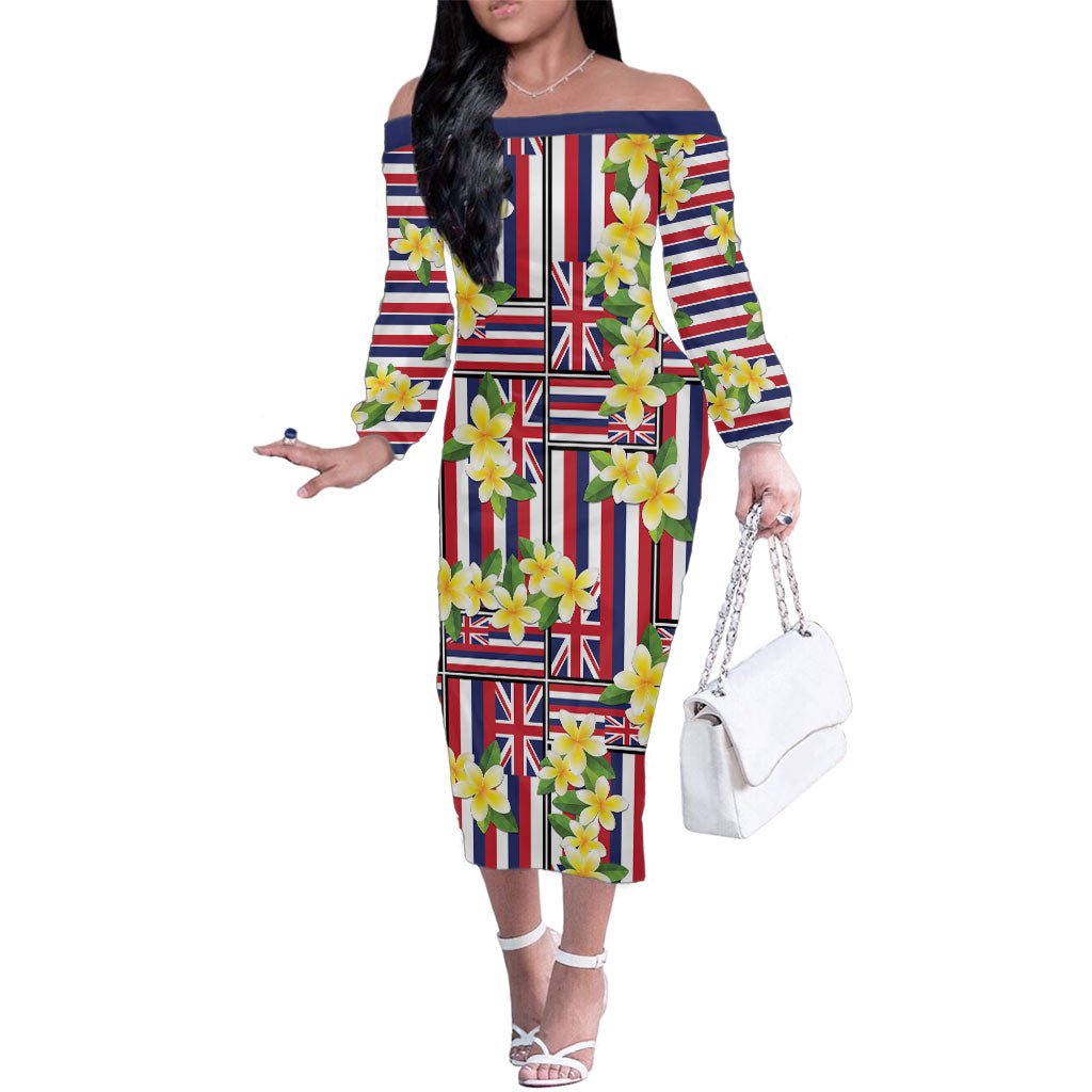 Hawaii Plumeria Lei Family Matching Off The Shoulder Long Sleeve Dress and Hawaiian Shirt Hawaiian Flag Motif LT9 Mom's Dress Red - Polynesian Pride
