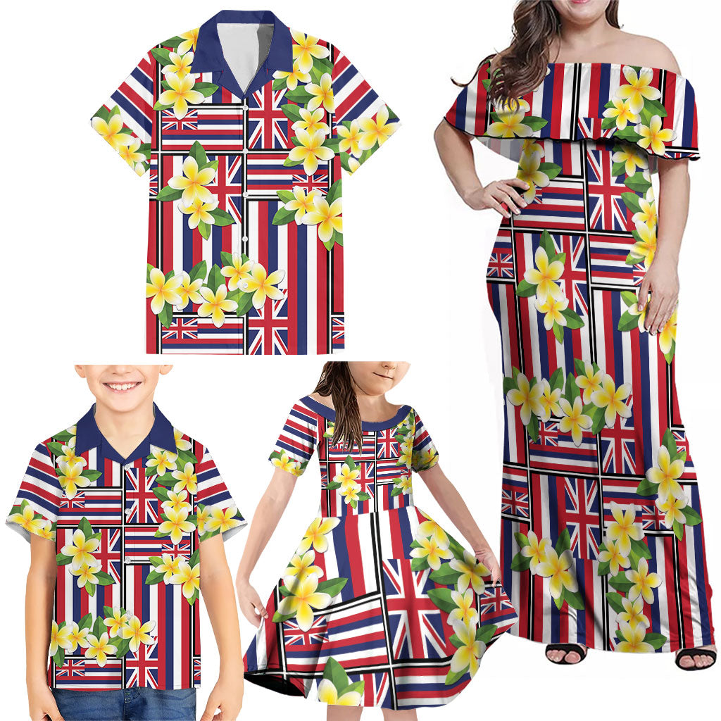 Hawaii Plumeria Lei Family Matching Off Shoulder Maxi Dress and Hawaiian Shirt Hawaiian Flag Motif LT9 - Polynesian Pride