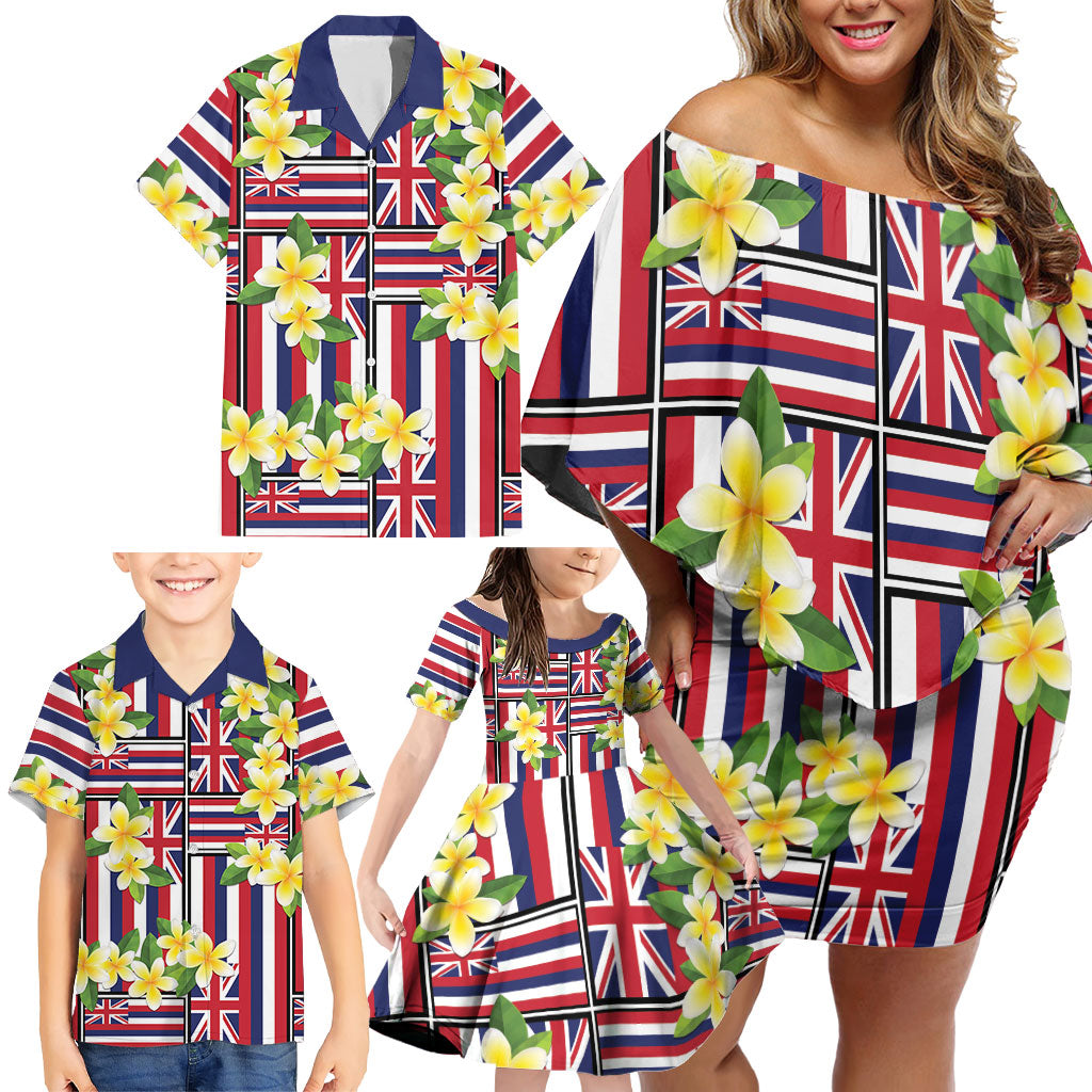 Hawaii Plumeria Lei Family Matching Off Shoulder Short Dress and Hawaiian Shirt Hawaiian Flag Motif LT9 - Polynesian Pride