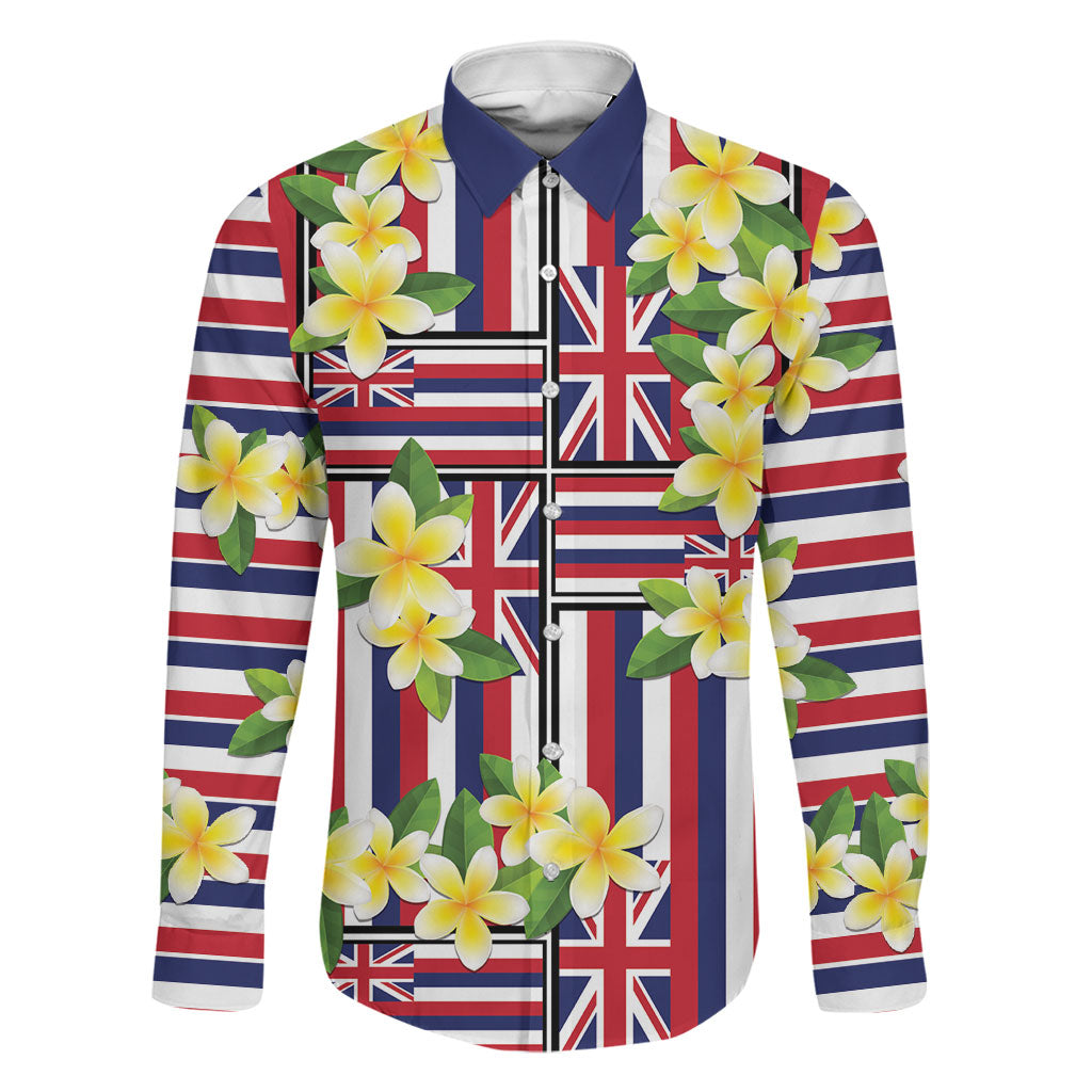 Hawaii Plumeria Lei Family Matching Off Shoulder Short Dress and Hawaiian Shirt Hawaiian Flag Motif LT9 Dad's Shirt - Long Sleeve Red - Polynesian Pride