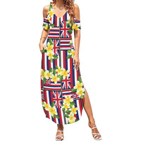 Hawaii Plumeria Lei Family Matching Summer Maxi Dress and Hawaiian Shirt Hawaiian Flag Motif LT9 Mom's Dress Red - Polynesian Pride