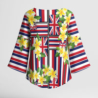 Hawaii Plumeria Lei Kimono Sleeve Blouse Hawaiian Flag Motif