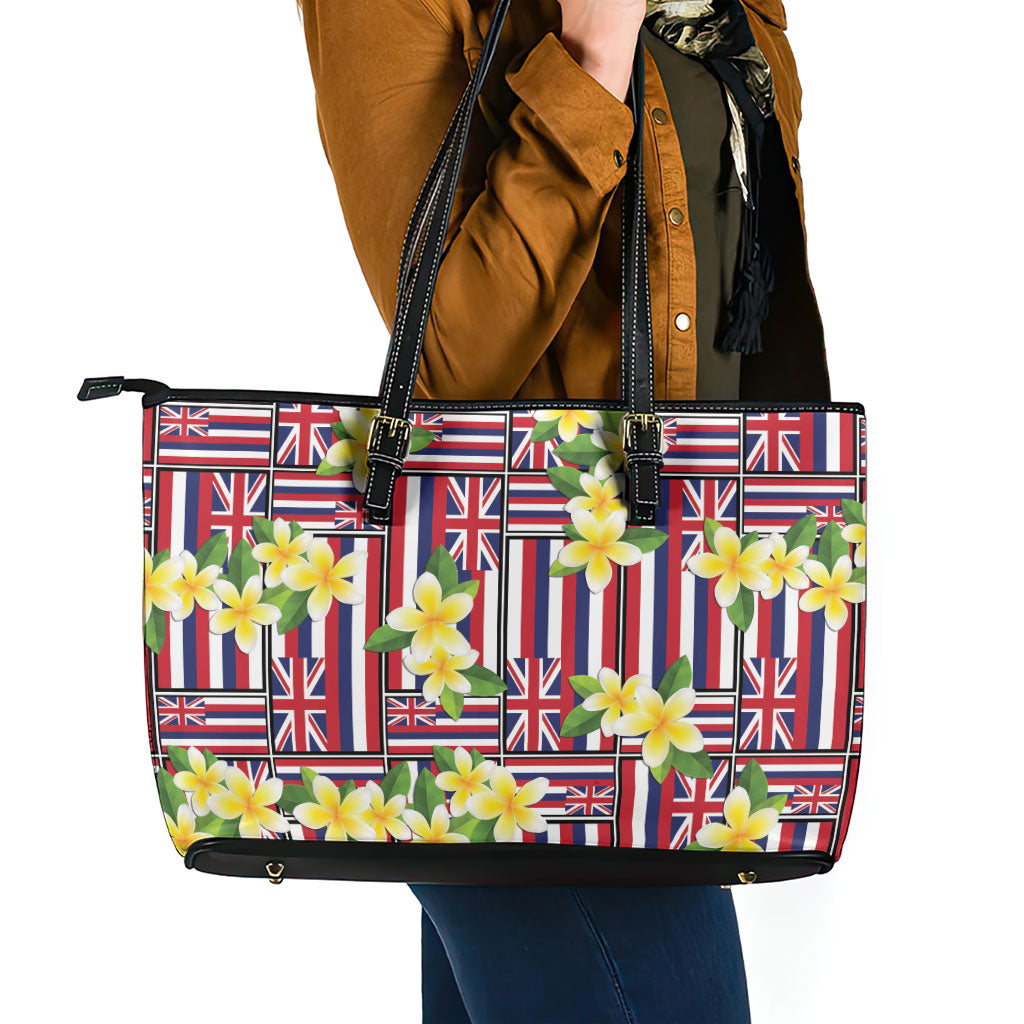 Hawaii Plumeria Lei Leather Tote Bag Hawaiian Flag Motif LT9 - Polynesian Pride