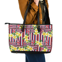 Hawaii Plumeria Lei Leather Tote Bag Hawaiian Flag Motif LT9 - Polynesian Pride