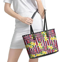 Hawaii Plumeria Lei Leather Tote Bag Hawaiian Flag Motif LT9 - Polynesian Pride