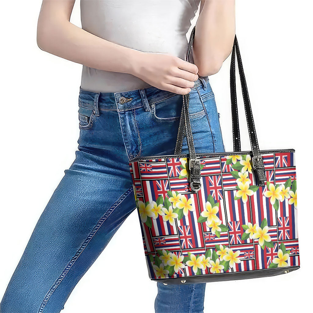 Hawaii Plumeria Lei Leather Tote Bag Hawaiian Flag Motif LT9 - Polynesian Pride
