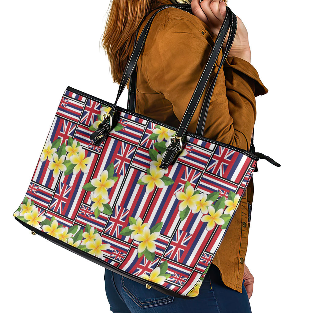 Hawaii Plumeria Lei Leather Tote Bag Hawaiian Flag Motif LT9 - Polynesian Pride