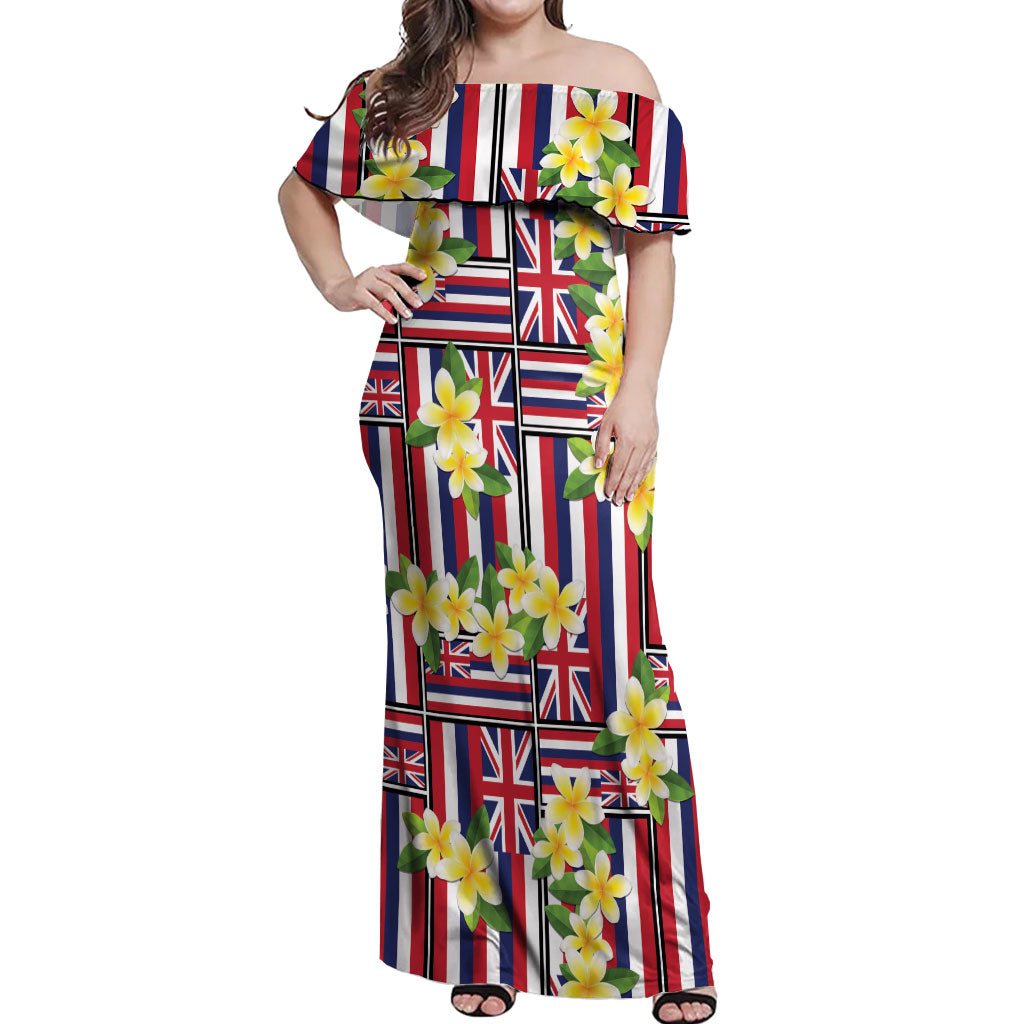Hawaii Plumeria Lei Off Shoulder Maxi Dress Hawaiian Flag Motif