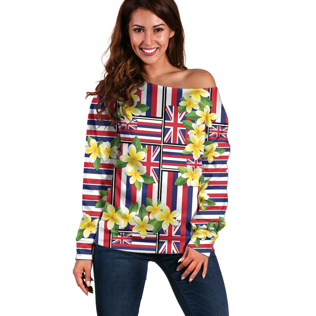 Hawaii Plumeria Lei Off Shoulder Sweater Hawaiian Flag Motif LT9 Women Red - Polynesian Pride