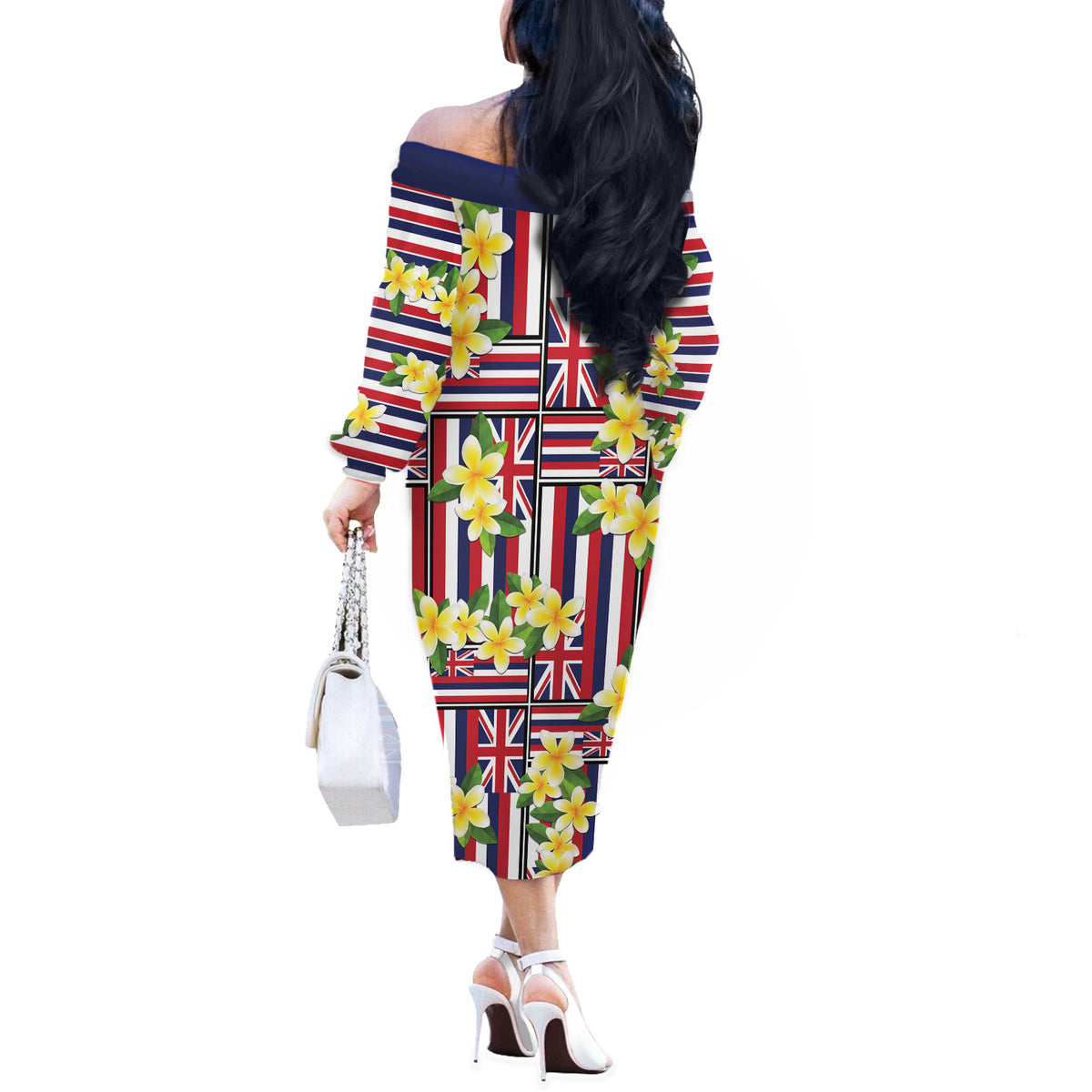 Hawaii Plumeria Lei Off The Shoulder Long Sleeve Dress Hawaiian Flag Motif