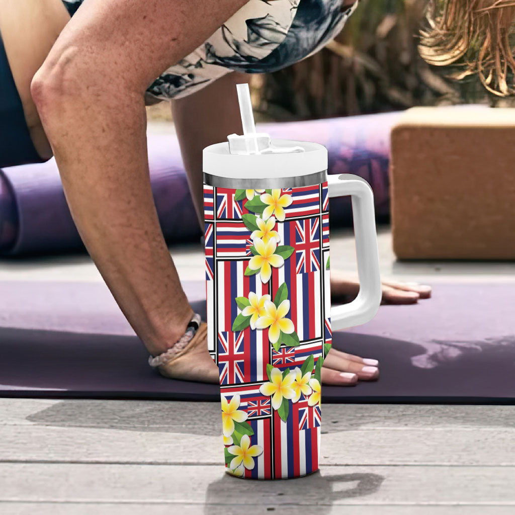 Hawaii Plumeria Lei Tumbler With Handle Hawaiian Flag Motif LT9 - Polynesian Pride
