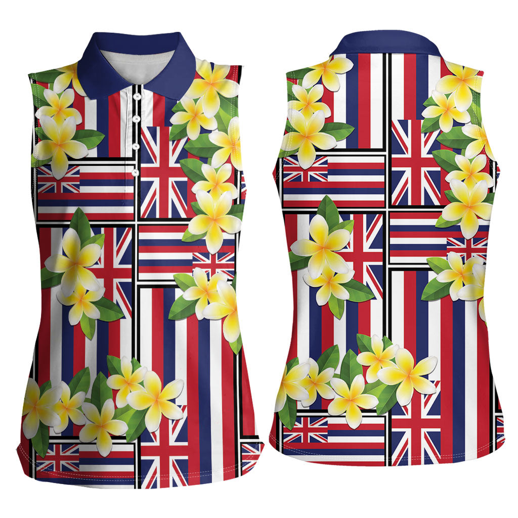 Hawaii Plumeria Lei Women Sleeveless Polo Shirt Hawaiian Flag Motif
