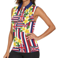 Hawaii Plumeria Lei Women Sleeveless Polo Shirt Hawaiian Flag Motif
