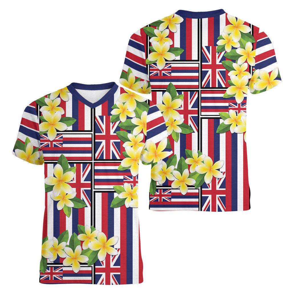 Hawaii Plumeria Lei Women V-Neck T-Shirt Hawaiian Flag Motif