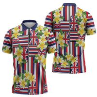 Hawaii Plumeria Lei Zipper Polo Shirt Hawaiian Flag Motif