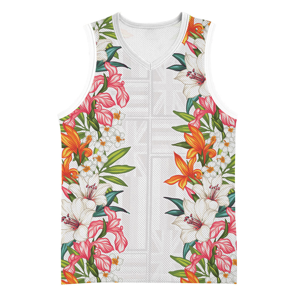 Hawaii Tropical Twist Lei Basketball Jersey Hawaiian Flag Motif LT9 Unisex White - Polynesian Pride