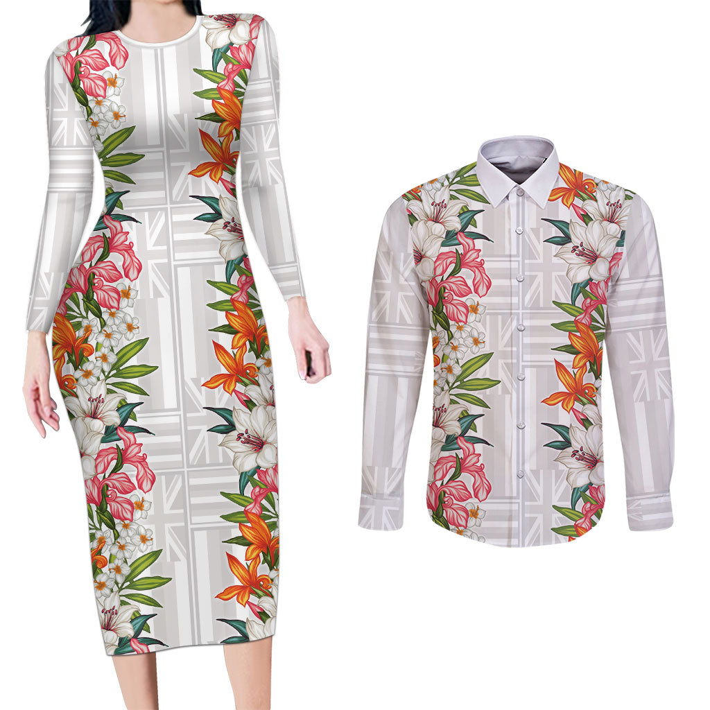 Hawaii Tropical Twist Lei Couples Matching Long Sleeve Bodycon Dress and Long Sleeve Button Shirt Hawaiian Flag Motif