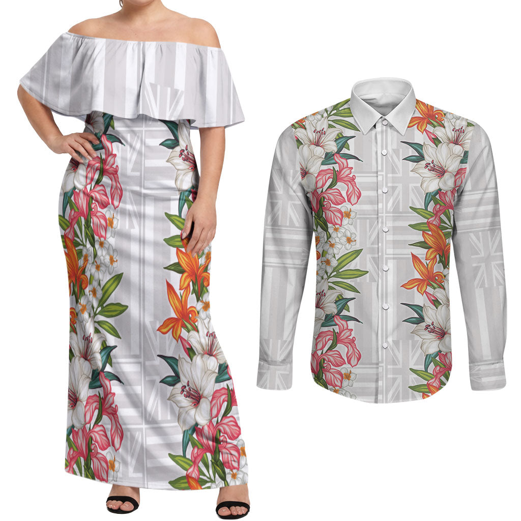 Hawaii Tropical Twist Lei Couples Matching Off Shoulder Maxi Dress and Long Sleeve Button Shirt Hawaiian Flag Motif LT9 White - Polynesian Pride