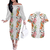 Hawaii Tropical Twist Lei Couples Matching Off The Shoulder Long Sleeve Dress and Hawaiian Shirt Hawaiian Flag Motif LT9 White - Polynesian Pride