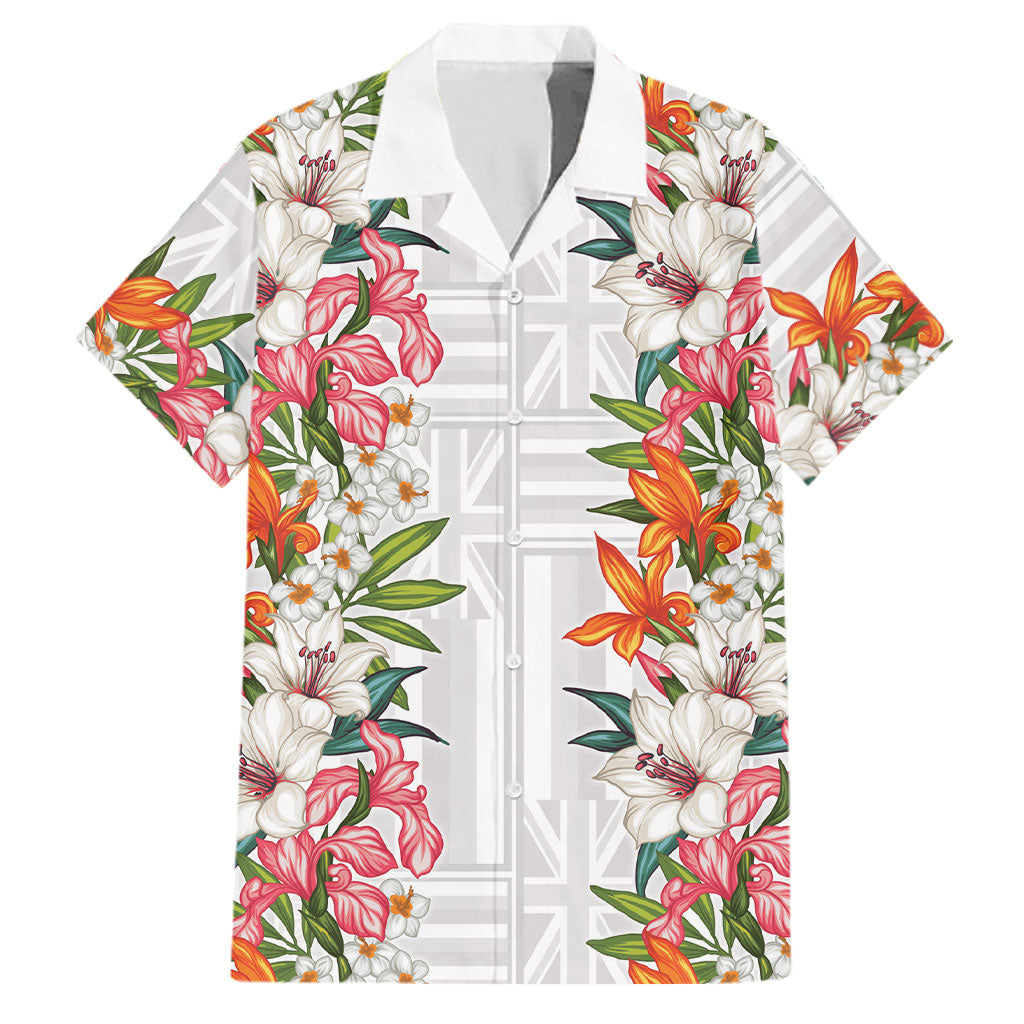 Hawaii Tropical Twist Lei Family Matching Puletasi and Hawaiian Shirt Hawaiian Flag Motif LT9 Dad's Shirt - Short Sleeve White - Polynesian Pride