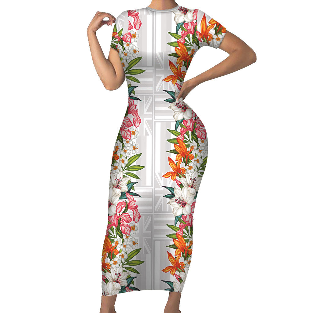 Hawaii Tropical Twist Lei Family Matching Short Sleeve Bodycon Dress and Hawaiian Shirt Hawaiian Flag Motif LT9 Mom's Dress White - Polynesian Pride