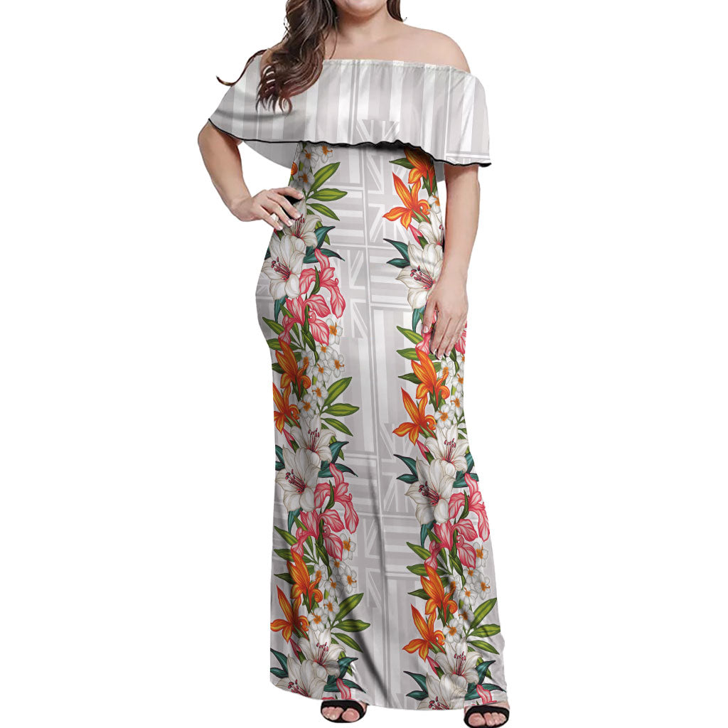 Hawaii Tropical Twist Lei Off Shoulder Maxi Dress Hawaiian Flag Motif