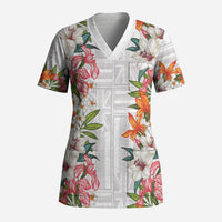 Hawaii Tropical Twist Lei Scrub Top Hawaiian Flag Motif