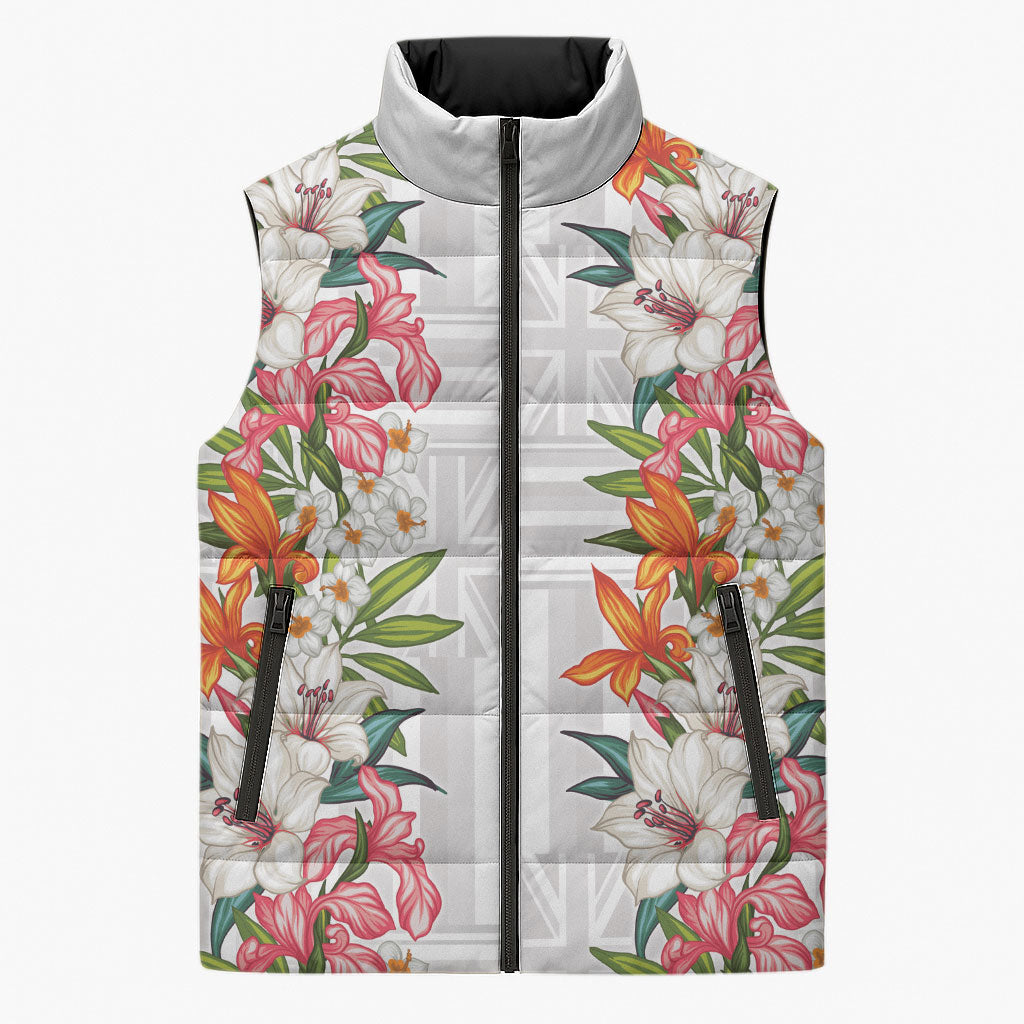 Hawaii Tropical Twist Lei Sleeveless Puffer Jacket Hawaiian Flag Motif LT9 Unisex White - Polynesian Pride