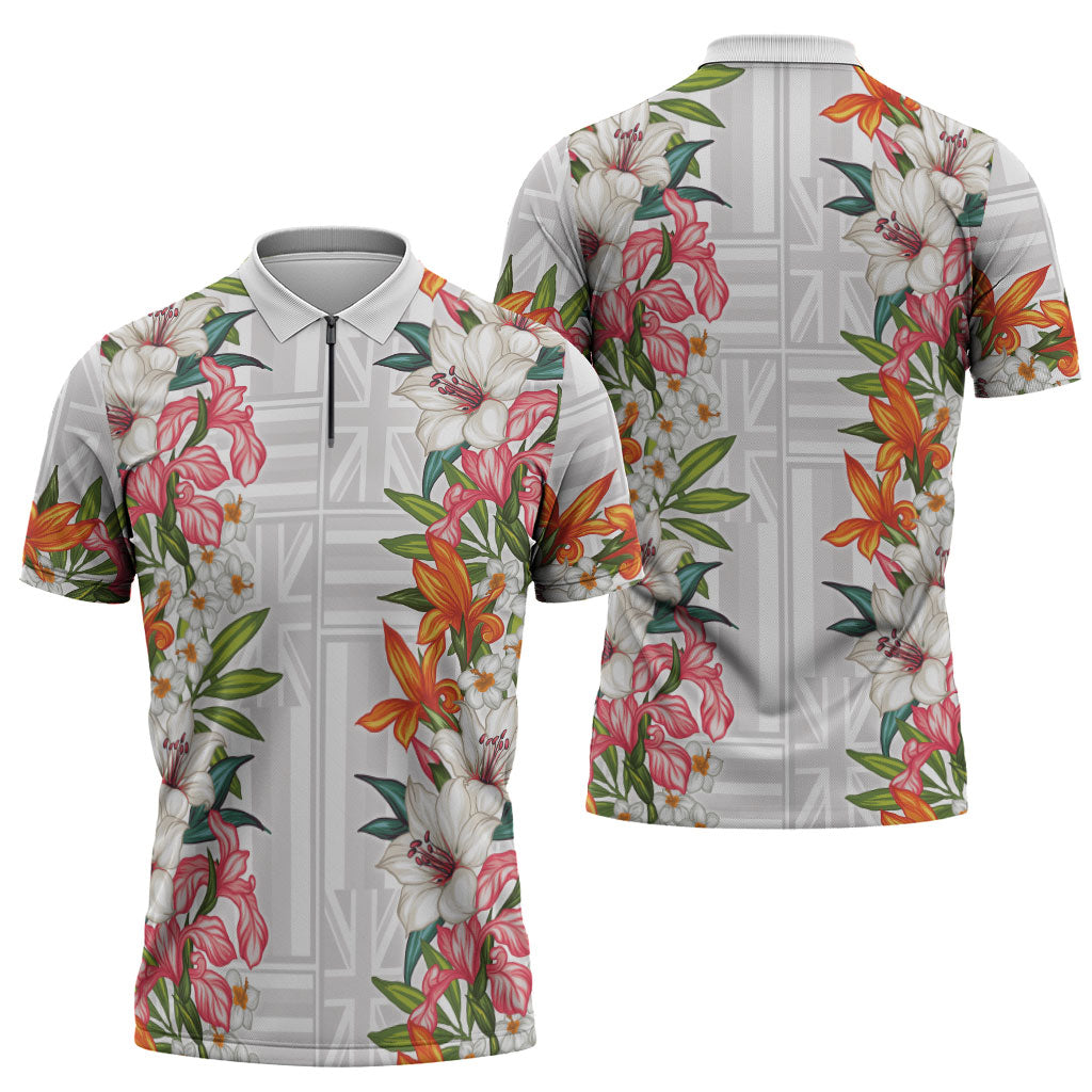 Hawaii Tropical Twist Lei Zipper Polo Shirt Hawaiian Flag Motif