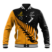 Australia Wallabies and Aotearoa Rugby Baseball Jacket Kangaroo Black Fern Maori Gold Vibe LT9 Unisex Gold - Polynesian Pride