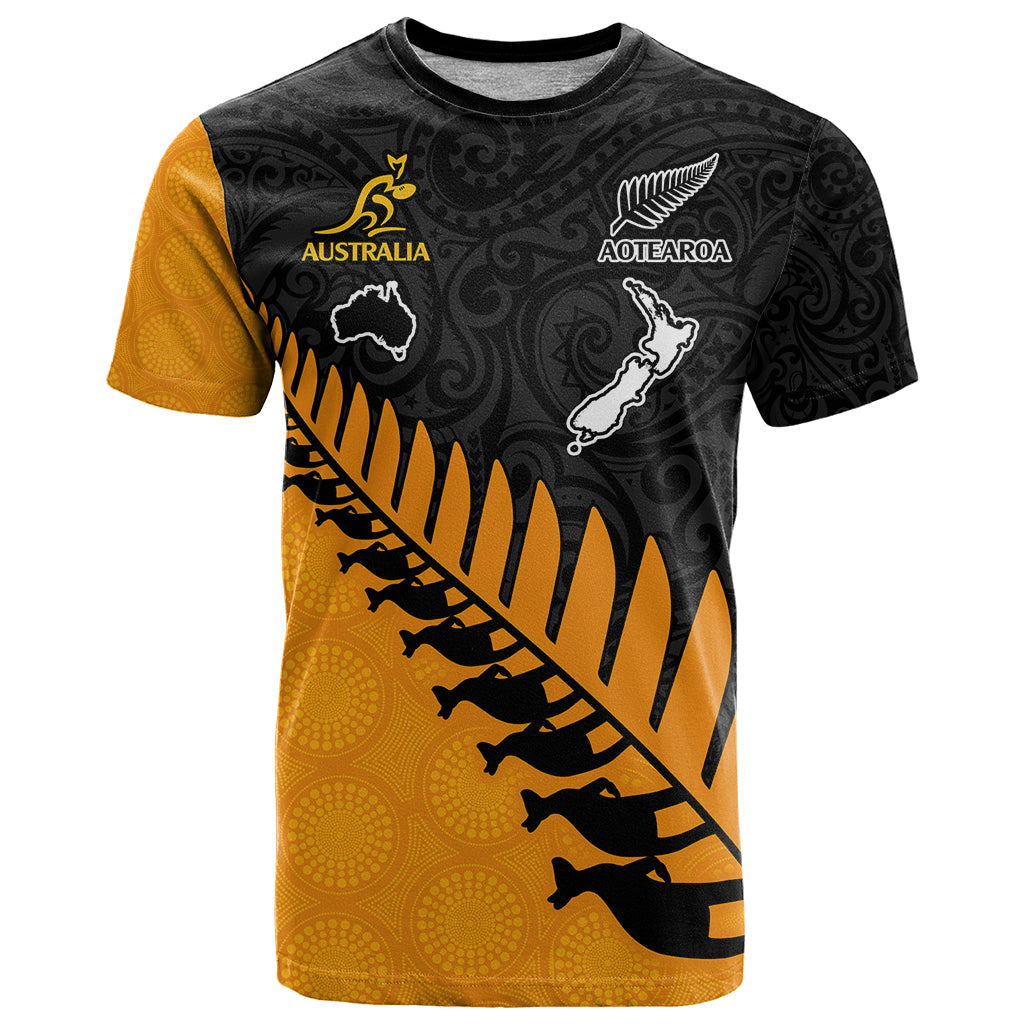 Australia Wallabies and Aotearoa Rugby T Shirt Kangaroo Black Fern Maori Gold Vibe LT9 Gold - Polynesian Pride