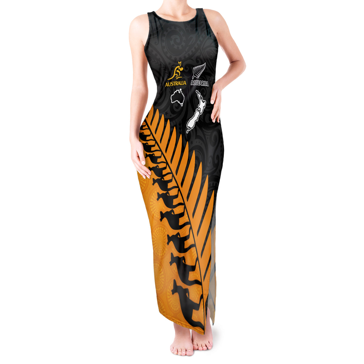 Australia Wallabies and Aotearoa Rugby Tank Maxi Dress Kangaroo Black Fern Maori Gold Vibe LT9 Women Gold - Polynesian Pride