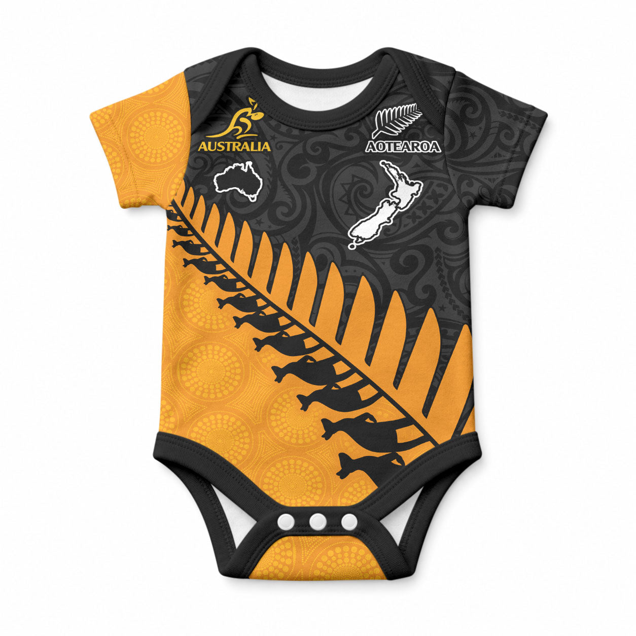 Custom Australia Wallabies and Aotearoa Rugby Baby Onesie Kangaroo Black Fern Maori Gold Vibe LT9 Gold - Polynesian Pride