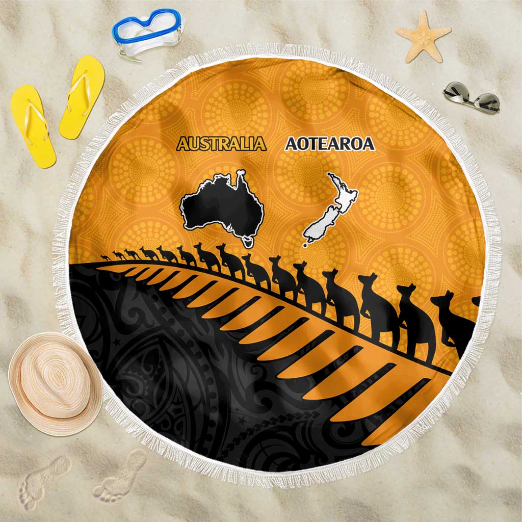 Australia New Zealand Rugby Beach Blanket Gold Aboriginal Wallabies and Maori Black Fern - Polynesian Pride