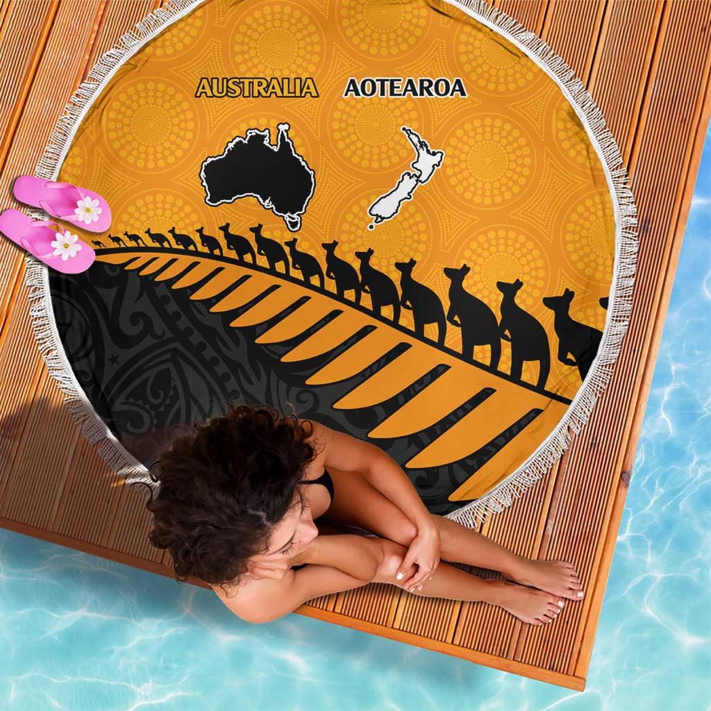 Australia New Zealand Rugby Beach Blanket Gold Aboriginal Wallabies and Maori Black Fern - Polynesian Pride