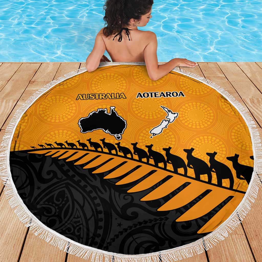 Australia New Zealand Rugby Beach Blanket Gold Aboriginal Wallabies and Maori Black Fern - Polynesian Pride