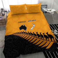 Australia New Zealand Rugby Bedding Set Gold Aboriginal Wallabies and Maori Black Fern - Polynesian Pride