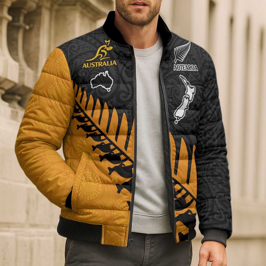 Australia New Zealand Rugby Bomber Puffer Jacket Gold Aboriginal Wallabies and Maori Black Fern - Polynesian Pride