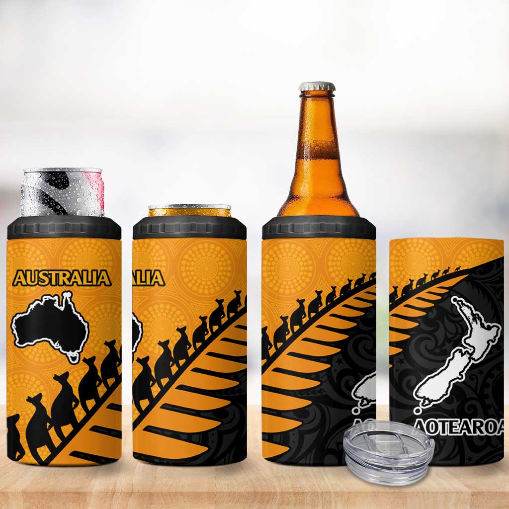 Australia New Zealand Rugby 4 in 1 Can Cooler Tumbler Gold Aboriginal Wallabies and Maori Black Fern - Polynesian Pride