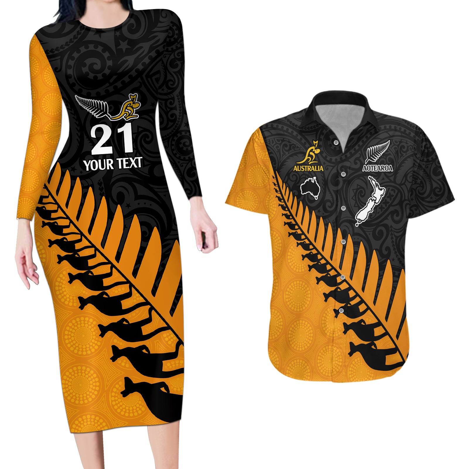 Custom Australia Wallabies and Aotearoa Rugby Couples Matching Long Sleeve Bodycon Dress and Hawaiian Shirt Kangaroo Black Fern Maori Gold Vibe LT9 Gold - Polynesian Pride