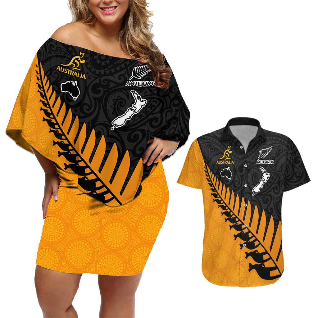 Custom Australia Wallabies and Aotearoa Rugby Couples Matching Off Shoulder Short Dress and Hawaiian Shirt Kangaroo Black Fern Maori Gold Vibe LT9 Gold - Polynesian Pride